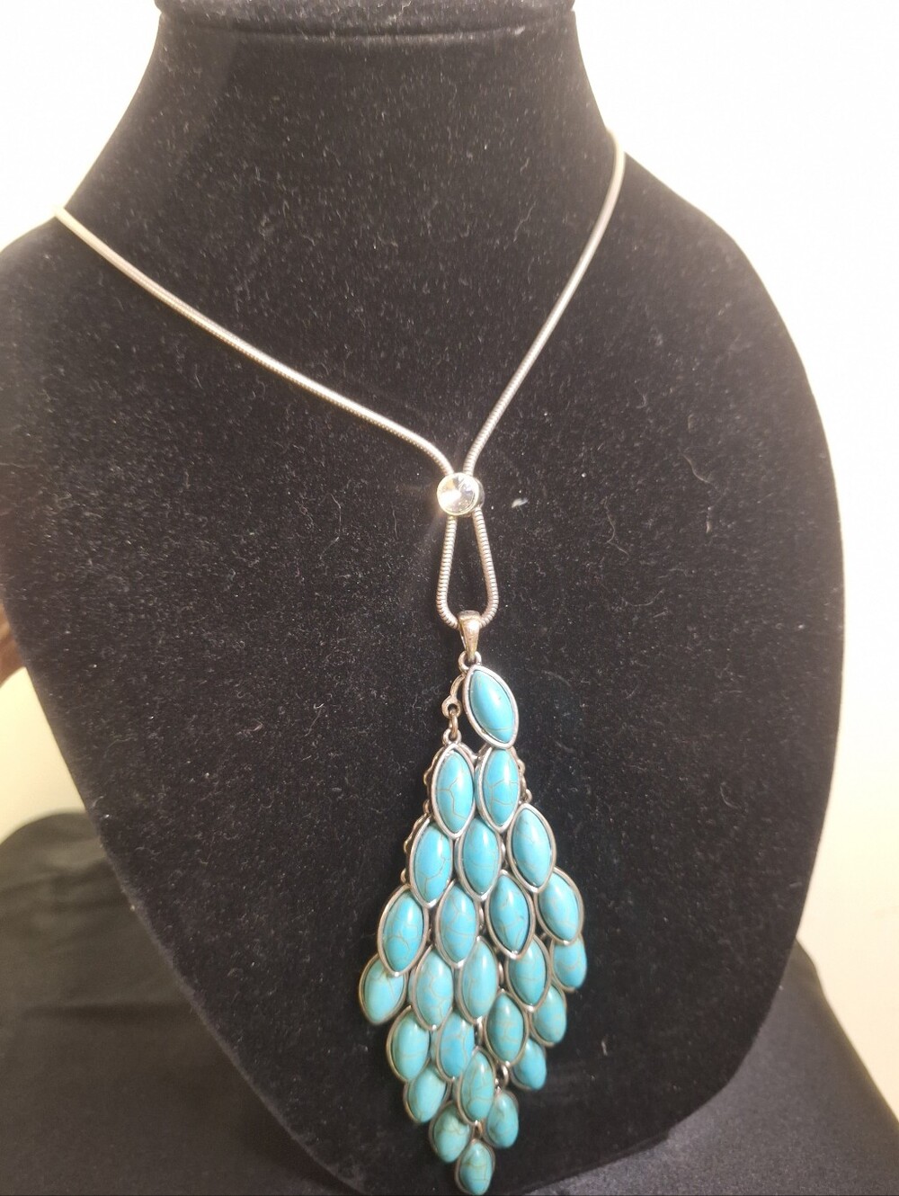 Faux Turquoise Neckless Multi Layered with Silver Tone  18"